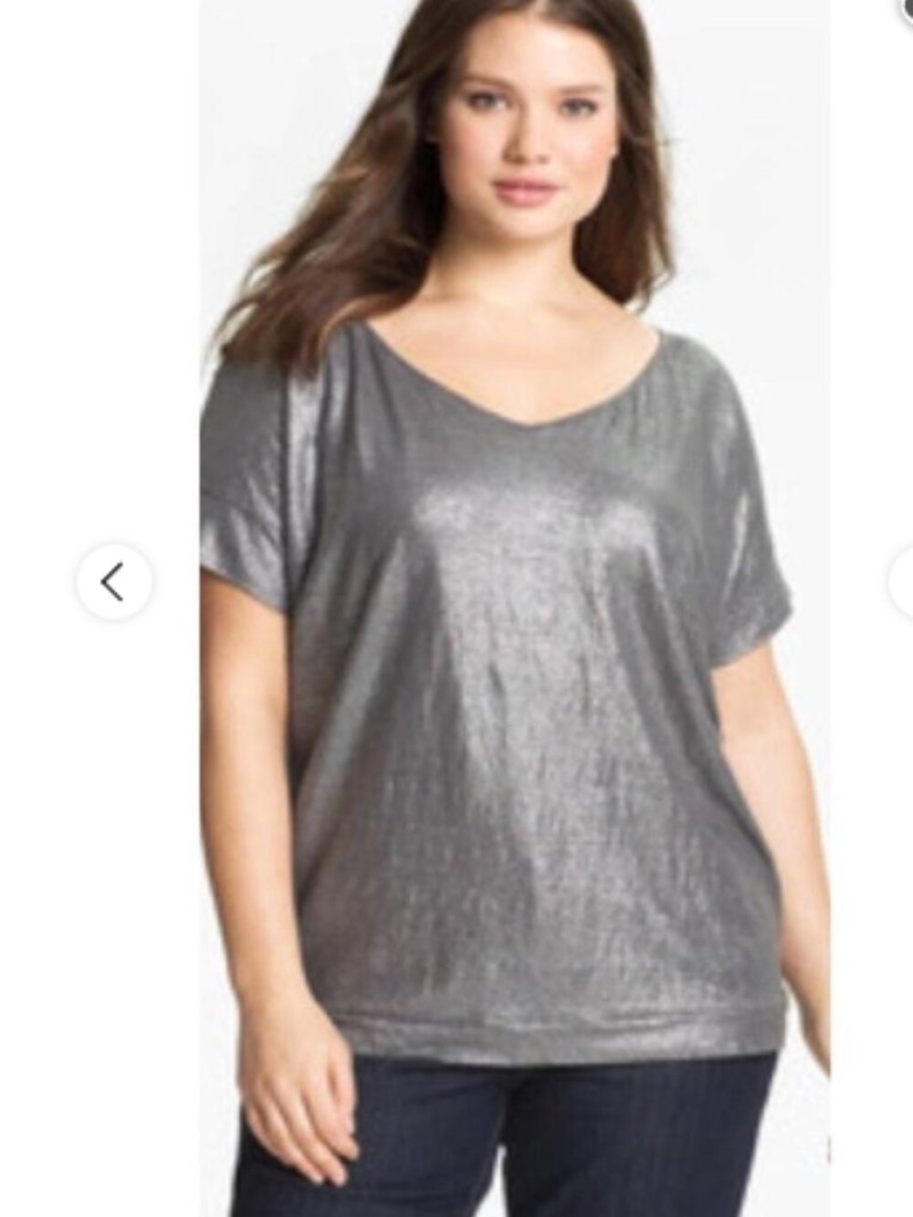 Eileen Fisher Silver Metallic Cap Sleeve Loose Fit Boxy Top Shimmer Linen 1X